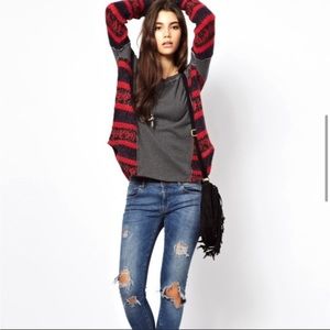 Free People Red and Gray Patterned Hoodie